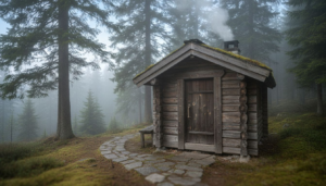 Traditional timber sauna in pine forest clearing