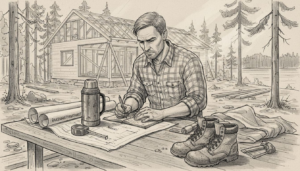 Mies tekee budjettia mökin puupöydän ääressä