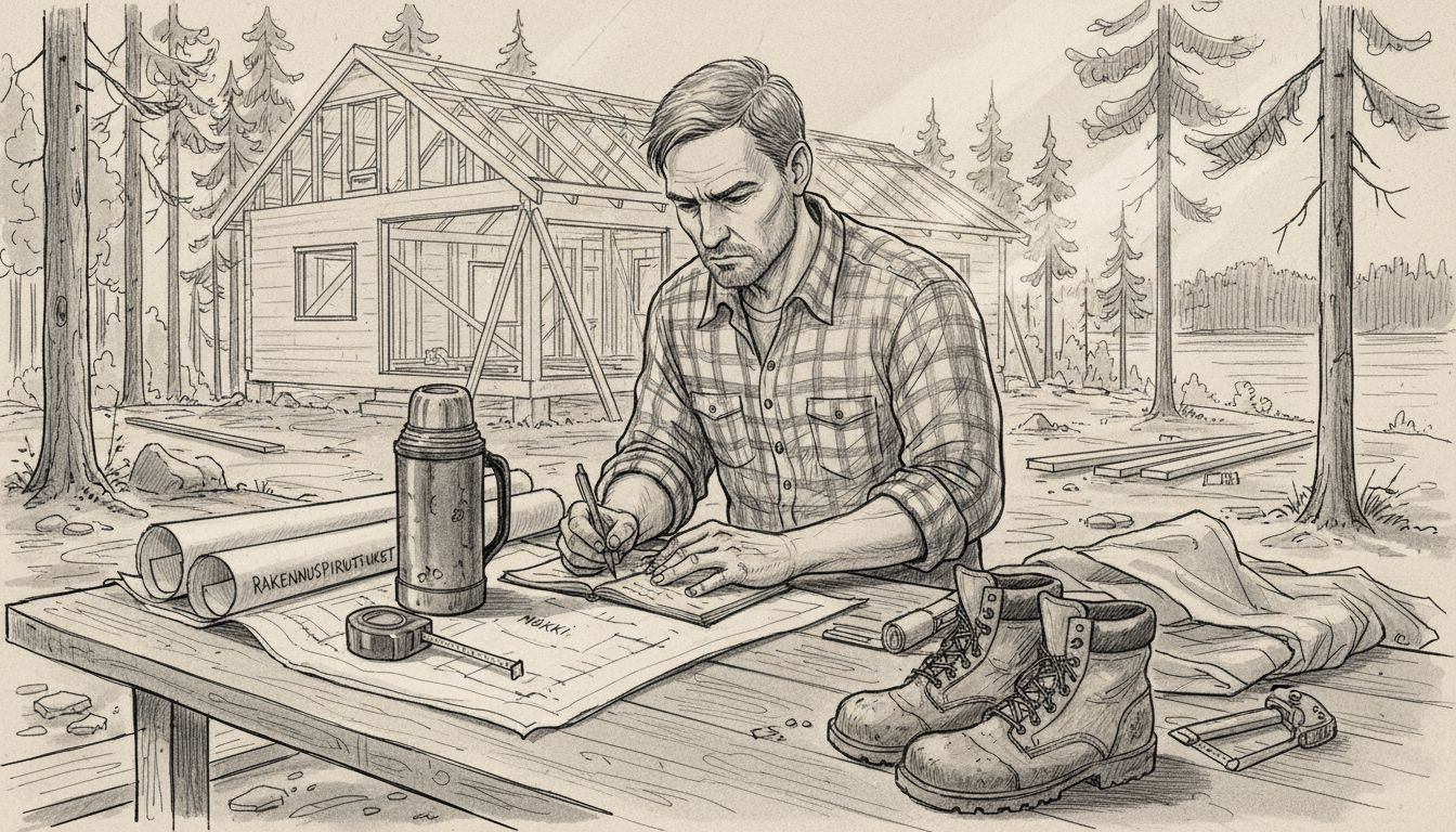 Mies tekee budjettia mökin puupöydän ääressä