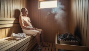 Man relaxing inside sunlit wooden sauna