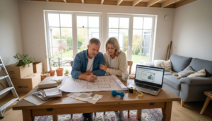Ein Paar sitzt gemeinsam im Wohnzimmer und schmiedet Pläne für ihr neues Fertighaus.