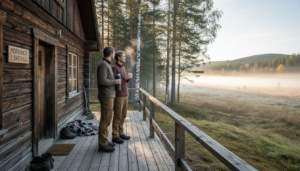 Ett par njuter av utsikten från verandan på sin timmerstuga, omgivna av djupa skogar.