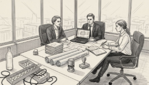 Rakennusjuridiikan tiimin kokous Keski-Euroopan toimistolla