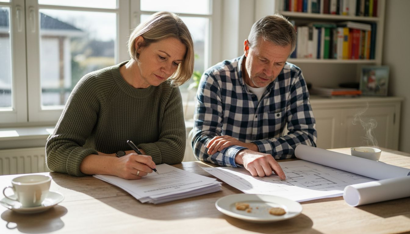 Ein Paar sitzt gemeinsam am Tisch und füllt die Unterlagen für die Genehmigung ihres Ferienhauses aus.