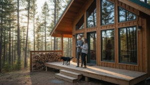 Couple outside modern timber home in forest