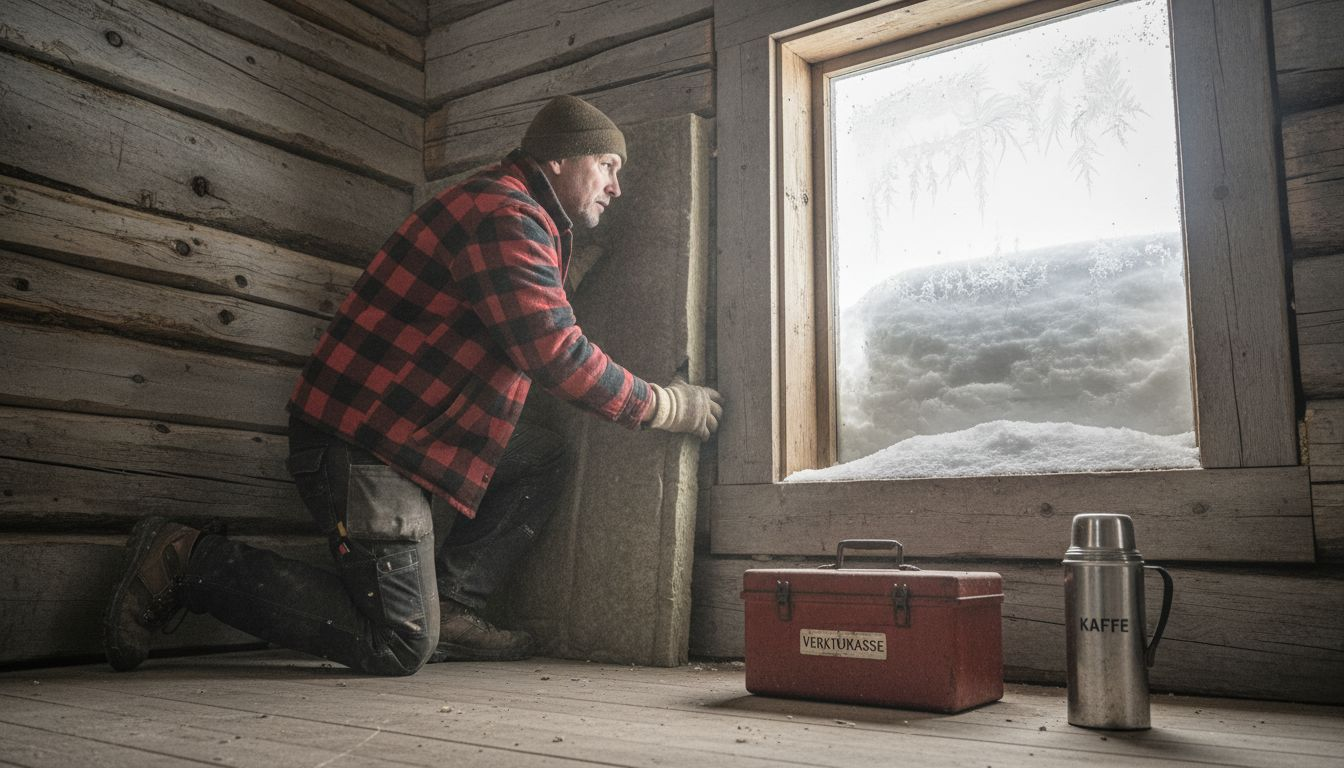 En håndverker monterer isolasjon i et trehus.