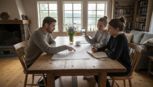 En familj sitter runt matbordet och planerar sitt nya fritidshus tillsammans.