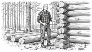 Hirsitalotyömaalla ahkeroiva kirvesmies