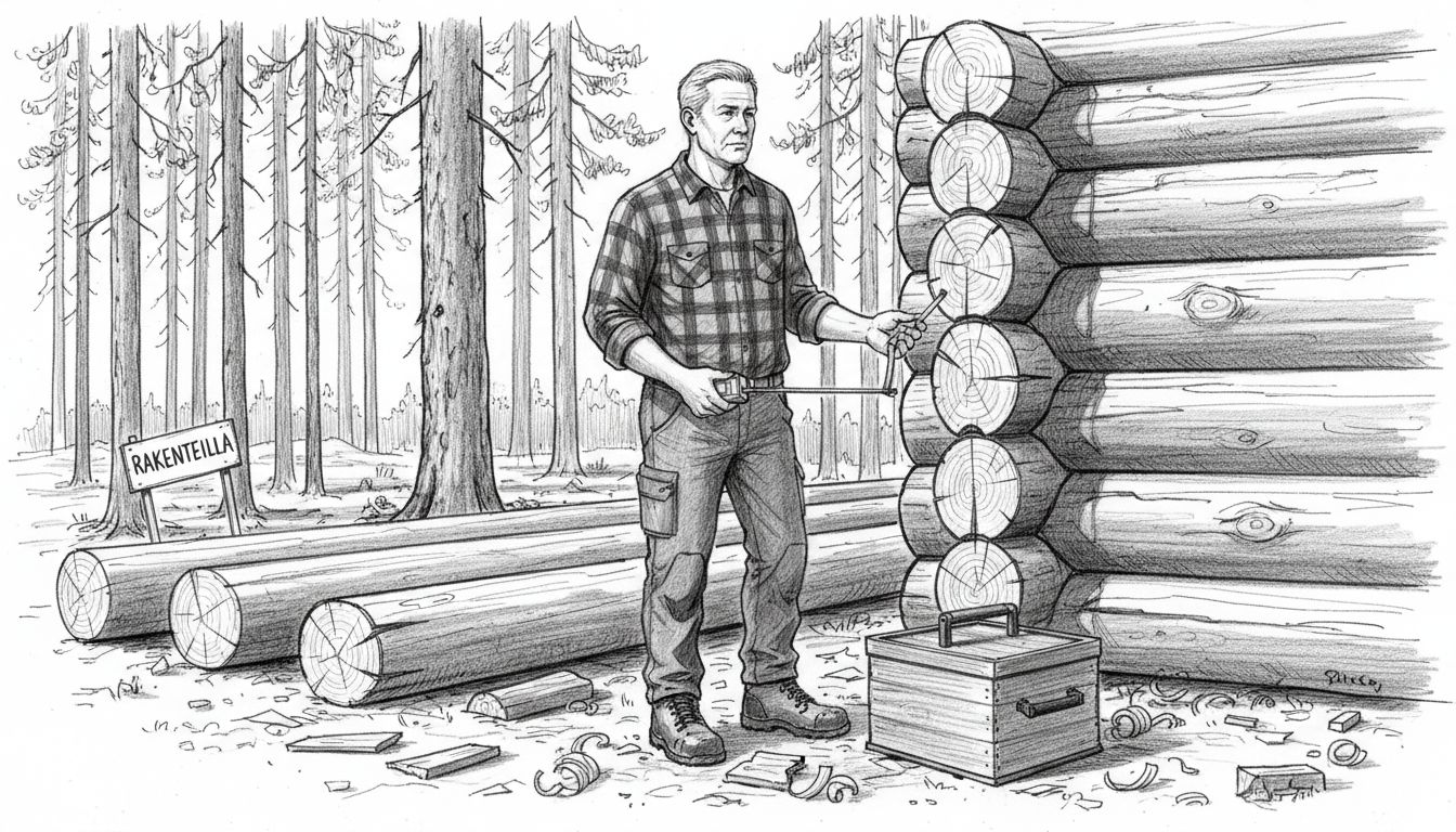 Hirsitalotyömaalla ahkeroiva kirvesmies