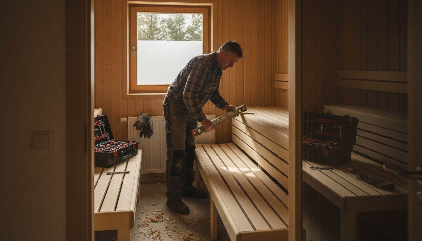 Ein erfahrener Handwerker baut eine Sauna im Ferienhaus fachgerecht ein.