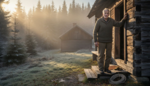 En man står vid ett klassiskt timmerhus, omgiven av en genuin nordisk landsbygdsmiljö.