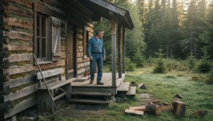 Homeowner on rustic log house porch in forest