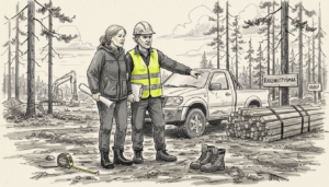 Pariskunta ja urakoitsija tutustumassa metsäiselle tontille rakennusprojektin alussa.