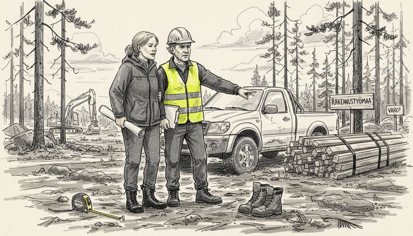 Pariskunta ja urakoitsija tutustumassa metsäiselle tontille rakennusprojektin alussa.