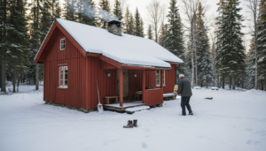 Charmig timmerstuga i snötäckt fjällmiljö