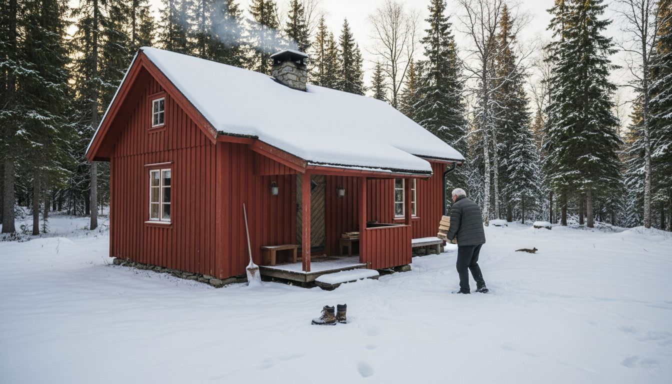Charmig timmerstuga i snötäckt fjällmiljö