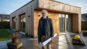 Ein Architekt steht vor einer modernen Villa aus Holz, umgeben von viel Grün.