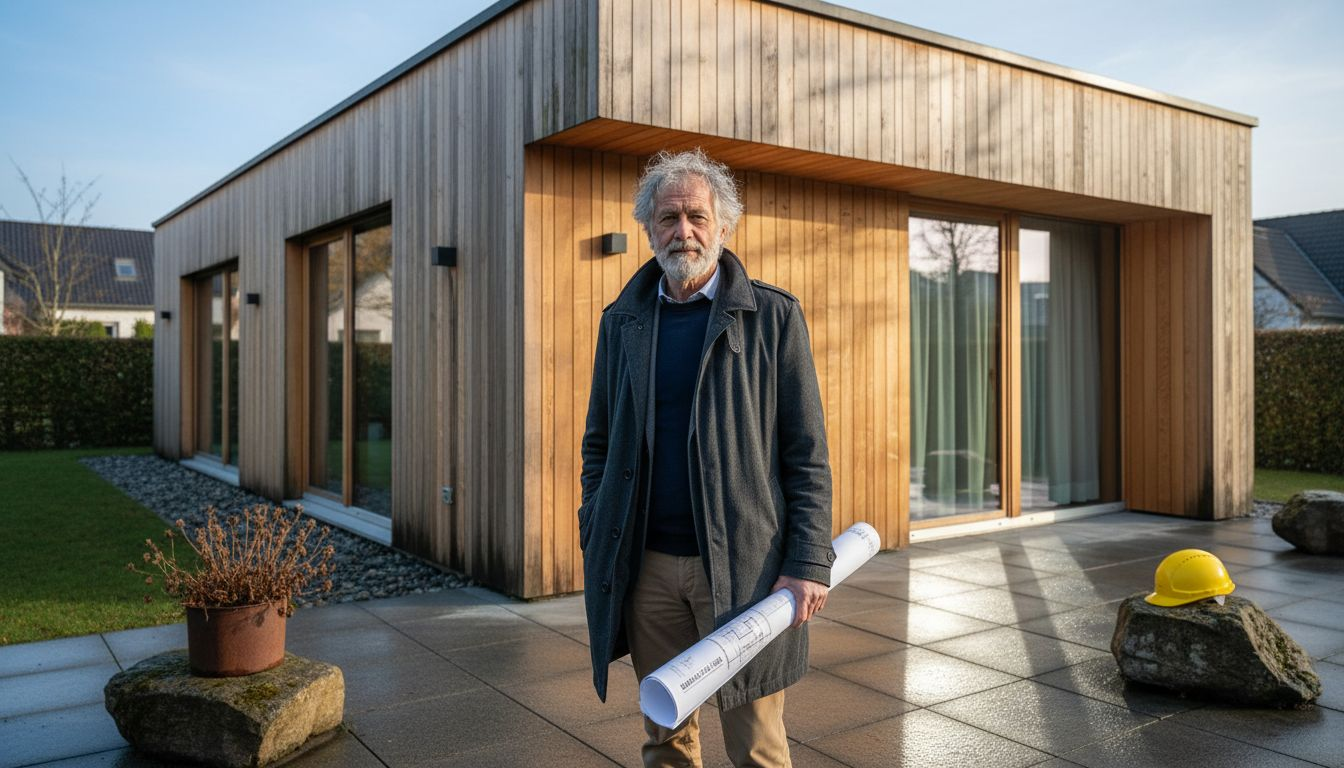 Ein Architekt steht vor einer modernen Villa aus Holz, umgeben von viel Grün.