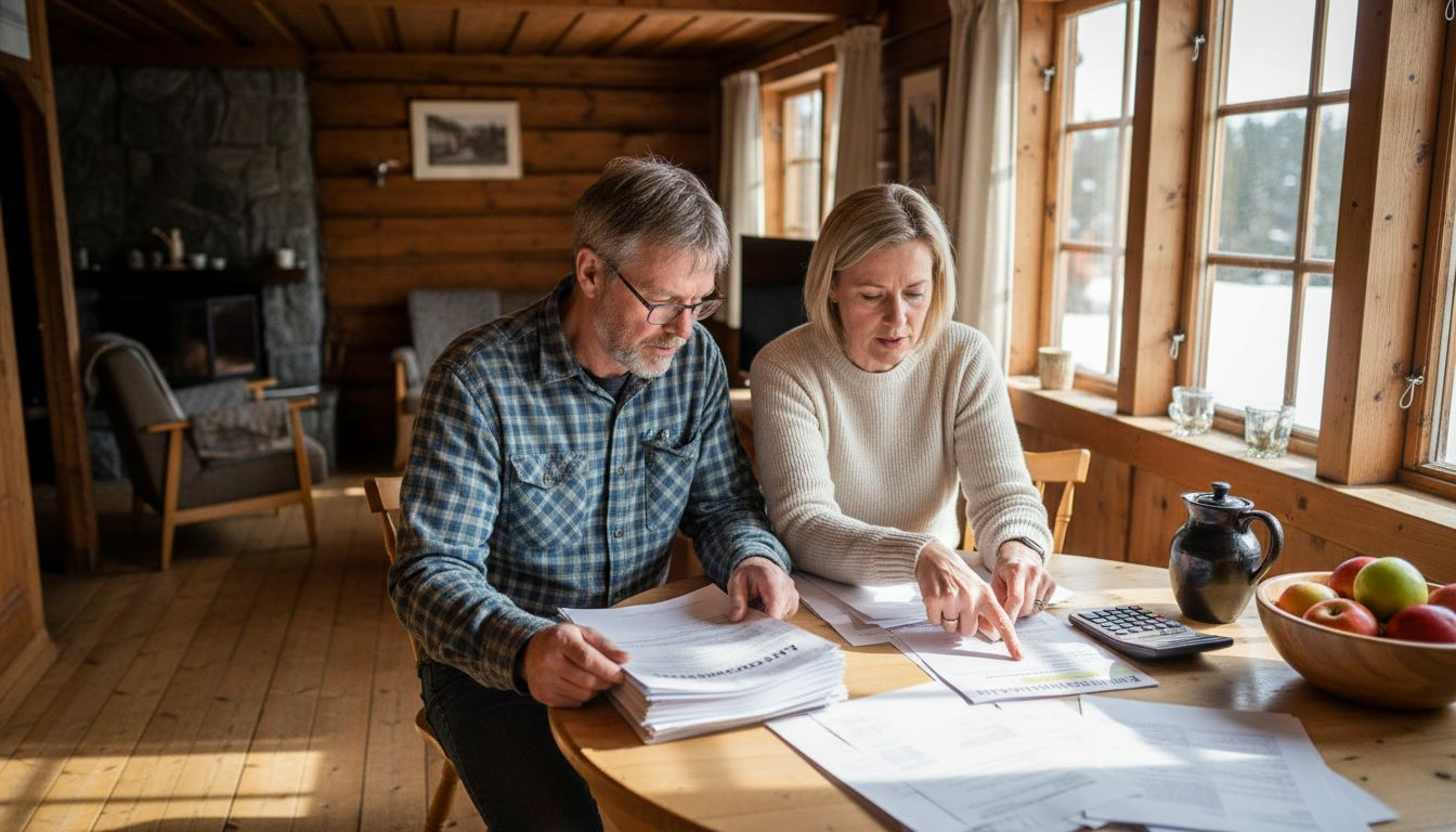 Et par ser gjennom lånedokumentene i forbindelse med hyttekjøp.