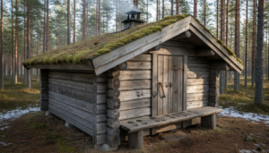 Rustic log sauna beside a Nordic forest