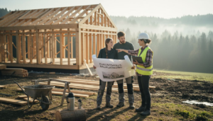 Ein Paar bespricht gemeinsam mit dem Architekten den Bau ihres Holzhauses auf der Baustelle.