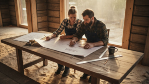 Par drömmer sig bort och planerar sitt framtida timmerhus vid köksbordet