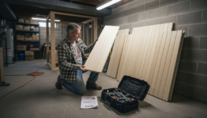 Homeowner examining sauna kit components