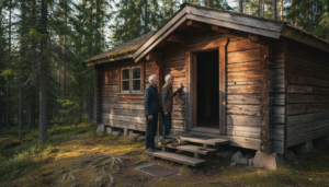 Tømmerhytta som ligger skjermet til inne i skogen