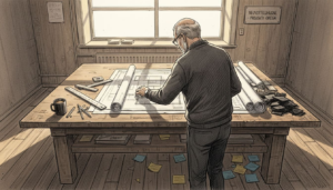 Projektipäällikkö perehtyy rakennuspiirustuksiin työpöytänsä ääressä.