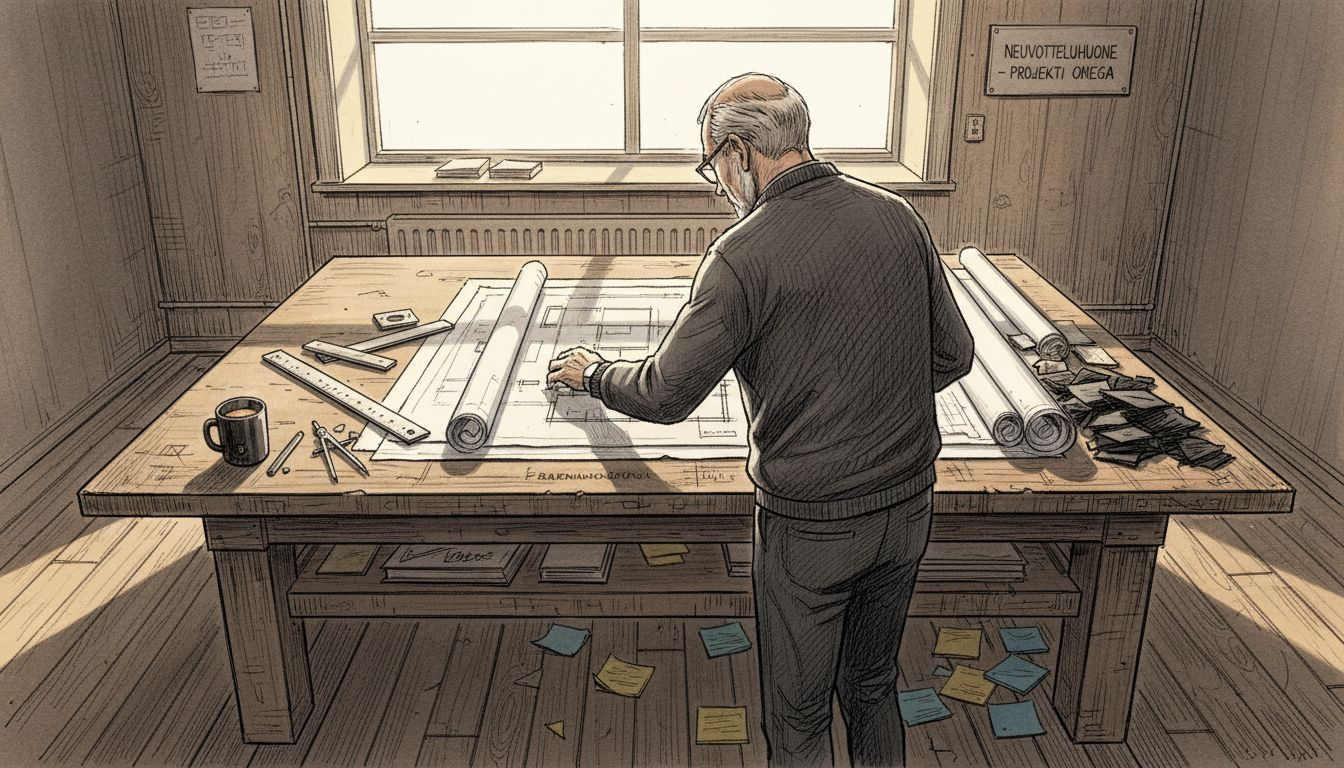 Projektipäällikkö perehtyy rakennuspiirustuksiin työpöytänsä ääressä.