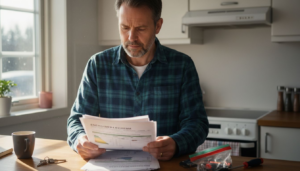 Huseier gjennomgår energimerkeskjema ved kjøkkenbenk