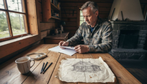 Det är runt träbordet som planerna för timmerhuset tar form.