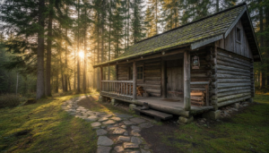 Log cabin exterior in spruce forest morning