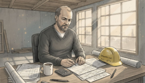 Projektipäällikkö käy toimistopöytänsä ääressä läpi rakennushankkeen kustannuslaskelmia.