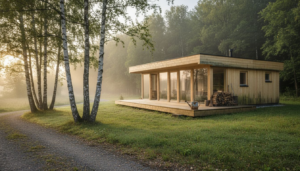 Ein modernes Blockhaus am Waldrand, das in der warmen Morgensonne erstrahlt.