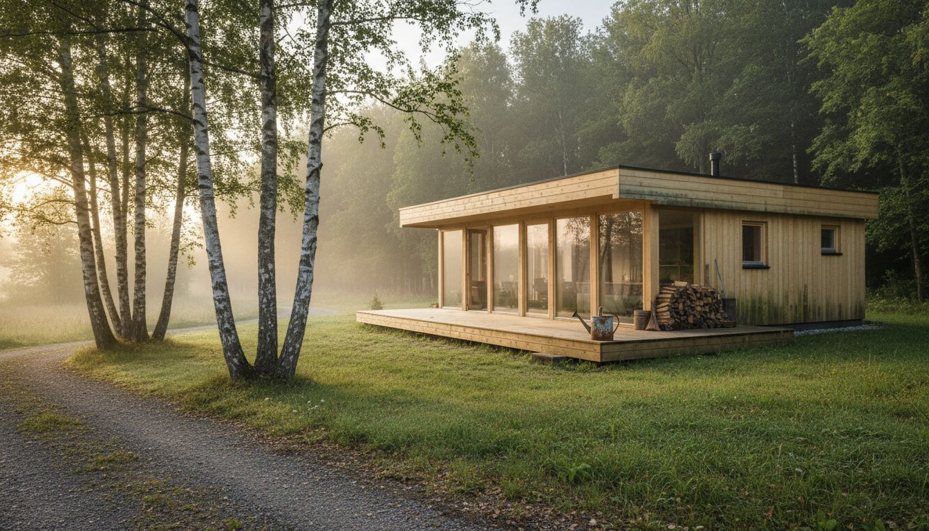 Ein modernes Blockhaus am Waldrand, das in der warmen Morgensonne erstrahlt.