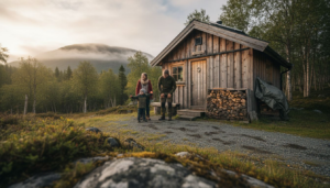 Familien nyter kvalitetstid sammen på en miljøvennlig hytte midt i vakker norsk natur.