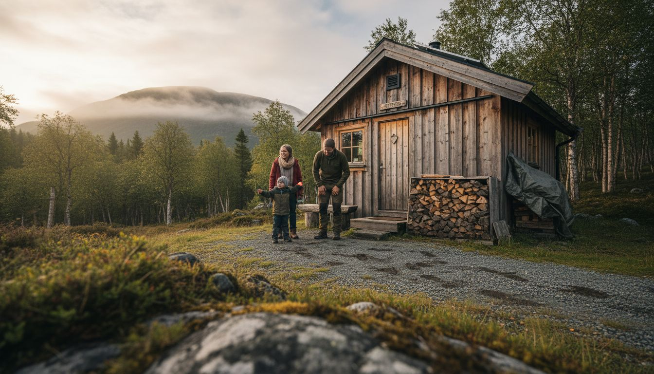 Familien nyter kvalitetstid sammen på en miljøvennlig hytte midt i vakker norsk natur.