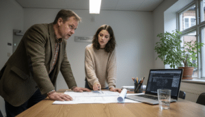 Två personer sitter vid ett skrivbord och går igenom ritningar inför ett bygglov.