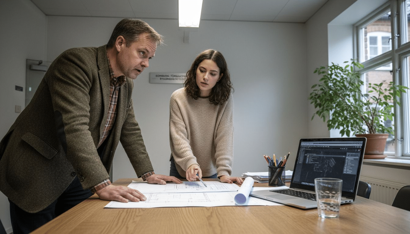 Två personer sitter vid ett skrivbord och går igenom ritningar inför ett bygglov.