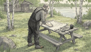 Mies suunnittelee saunan rakentamista mökin pihalle.