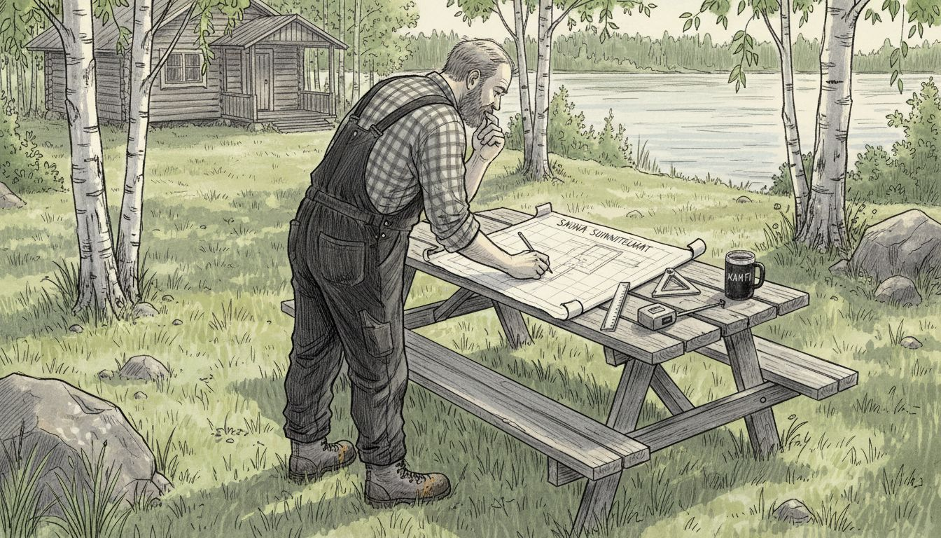 Mies suunnittelee saunan rakentamista mökin pihalle.