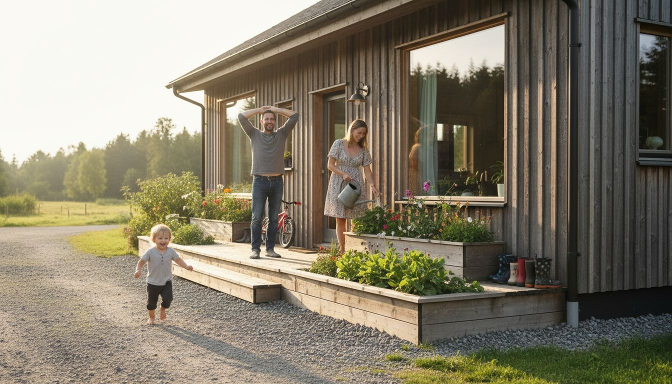 Eine Familie verbringt gemeinsam einen entspannten Morgen vor ihrem individuellen Holzhaus und genießt die ruhigen Momente des Alltags.