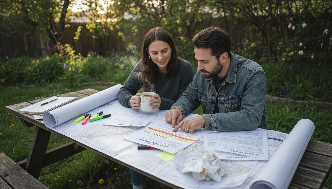 Couple reviewing property documents outdoors