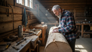 En finsk håndverker inspiserer en tømmerstokk i verkstedet sitt.