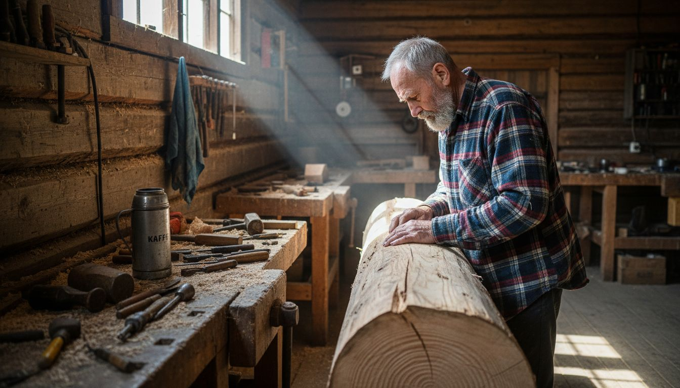 En finsk håndverker inspiserer en tømmerstokk i verkstedet sitt.