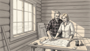 Pariskunta tutkii rakennuspiirustuksia keskeneräisessä mökissään