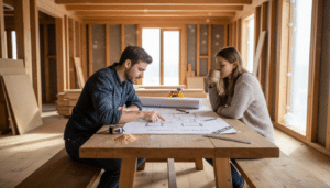 Ein Paar sitzt gemeinsam am Tisch und plant, wie ihr zukünftiges Holzhaus aussehen soll.