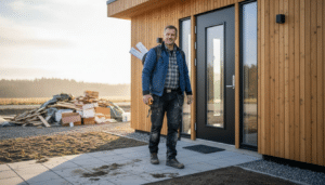 Snickare arbetar vid entrén till ett modernt och energisnålt trähus