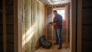 Contractor examines insulation in sauna wall